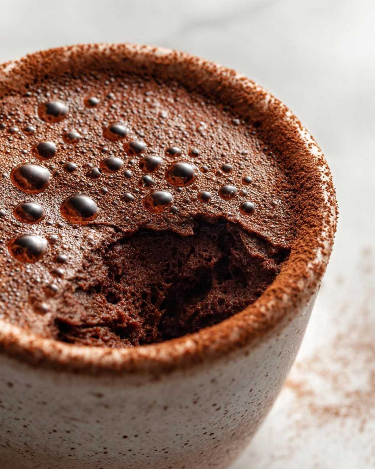 Close-up view of airy, dark chocolate mousse in a speckled cup, showing bubbles on top.
