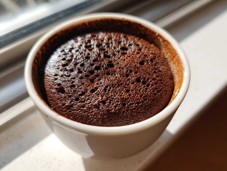 Close-up view of the airy, bubbly texture of homemade chocolate mousse in a small white cup.