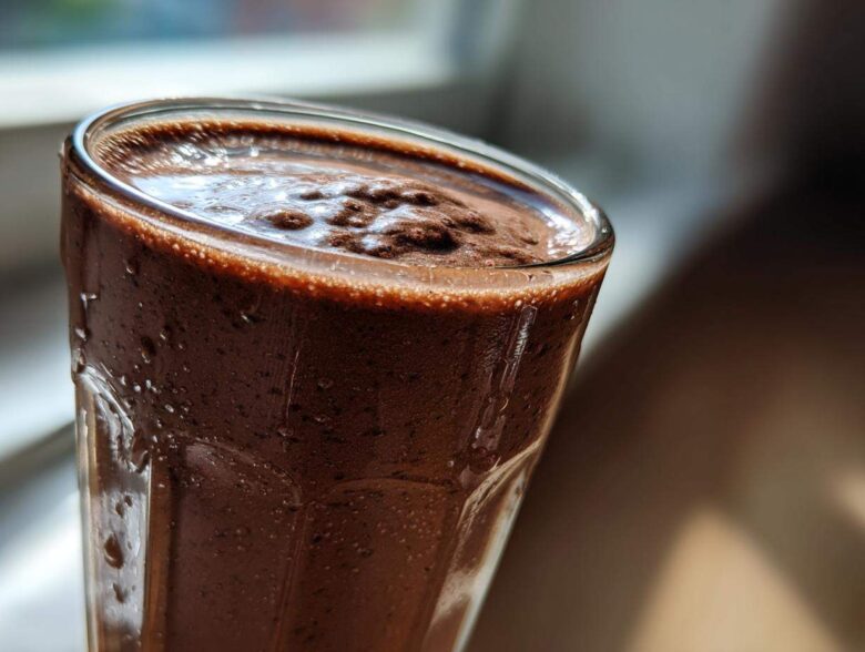 Close-up, sunlit view of a thick, blended frozen hot chocolate in a tall glass, showing condensation.