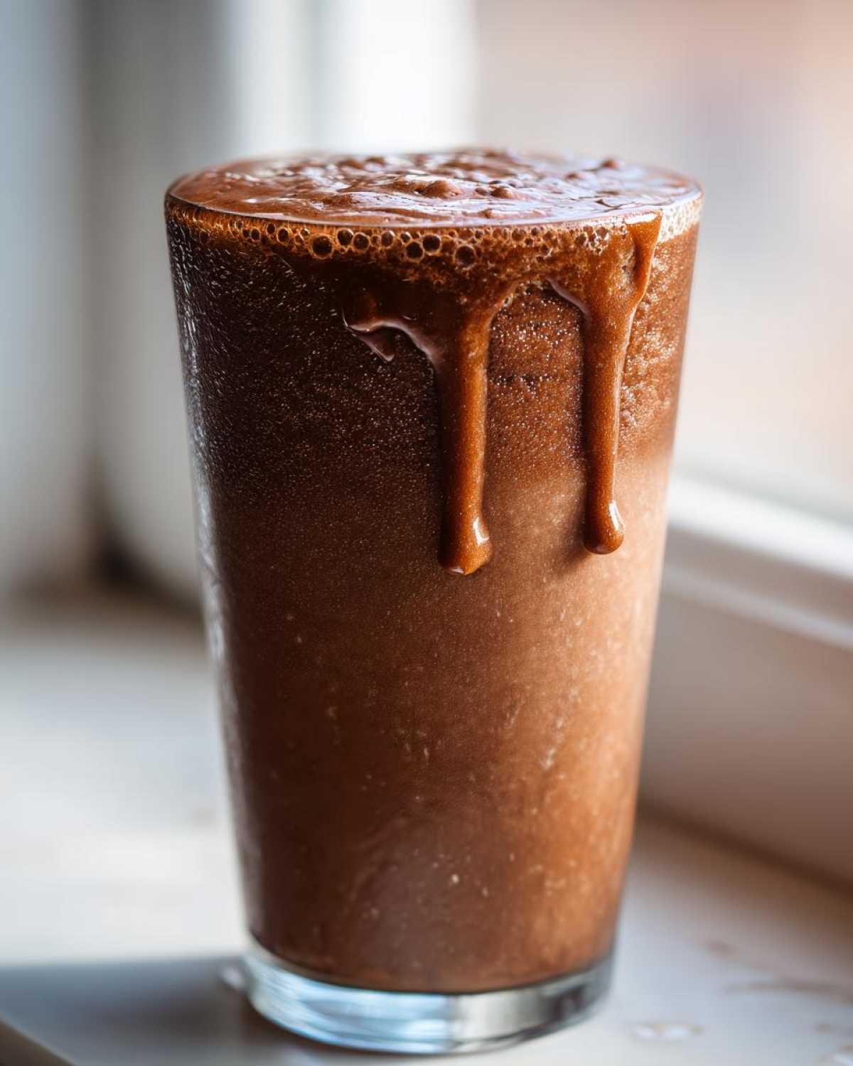 Close-up of a tall glass filled with thick, blended frozen hot chocolate, showing rich chocolate drips running down the side.