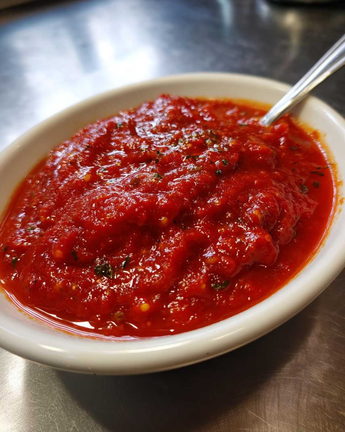 Close-up of a small white bowl filled with thick, chunky, bright red pizza sauce, seasoned with herbs.