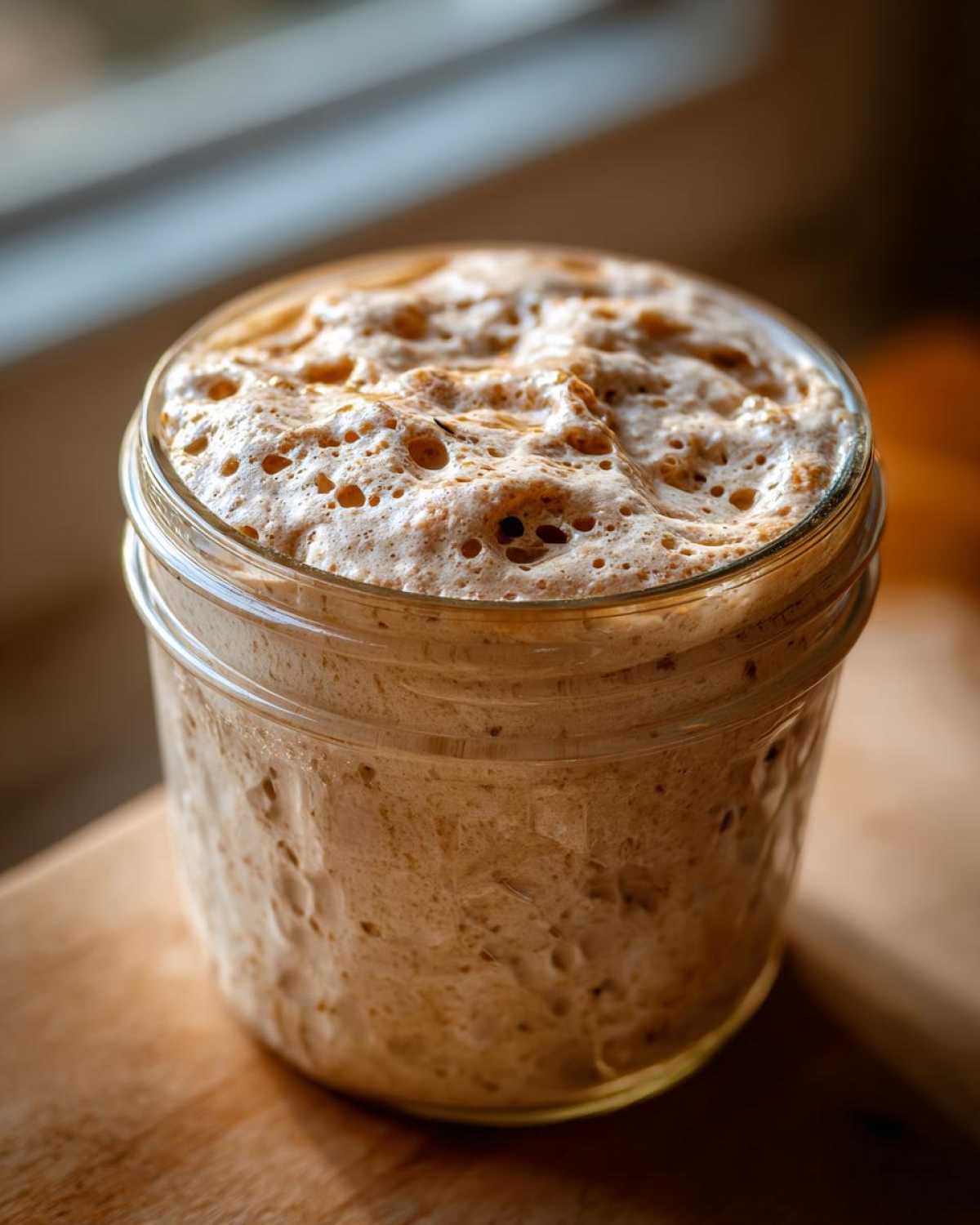 Close-up of a very active sourdough starter overflowing with foam and bubbles inside a glass jar.