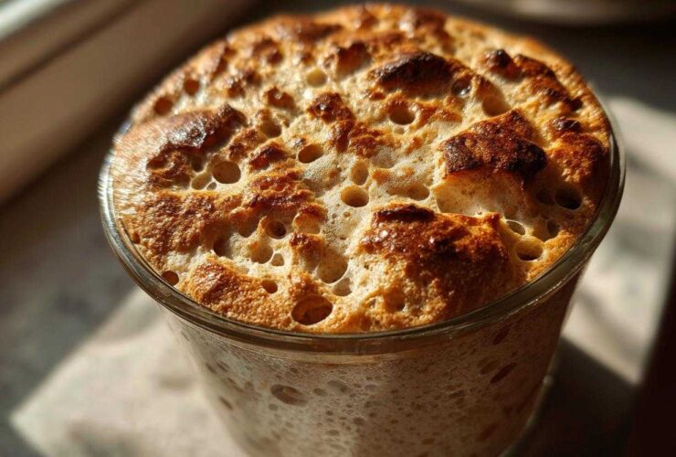 Close-up of a very active sourdough starter that has risen and overflowed slightly, showing a bubbly, browned top in a clear glass jar.