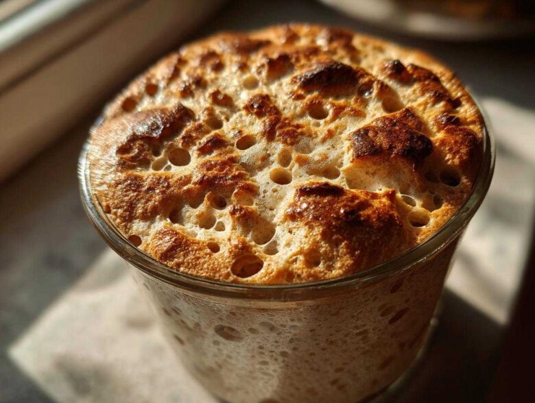 Close-up of a very active sourdough starter that has risen and overflowed slightly, showing a bubbly, browned top in a clear glass jar.