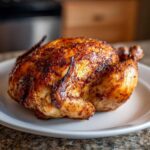 A whole chicken cooked to golden brown perfection in an air fryer whole chicken recipe, resting on a white plate.