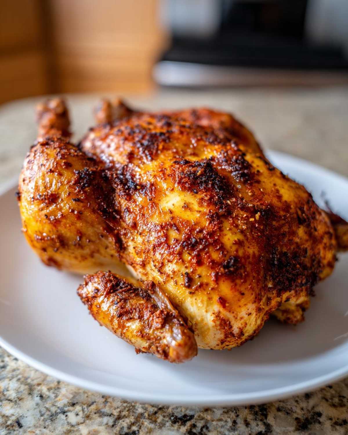 A whole roasted chicken with crispy, seasoned skin resting on a white plate, made using an air fryer whole chicken recipe.
