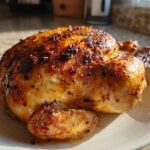 A whole chicken cooked to golden brown perfection in an air fryer, resting on a white plate.