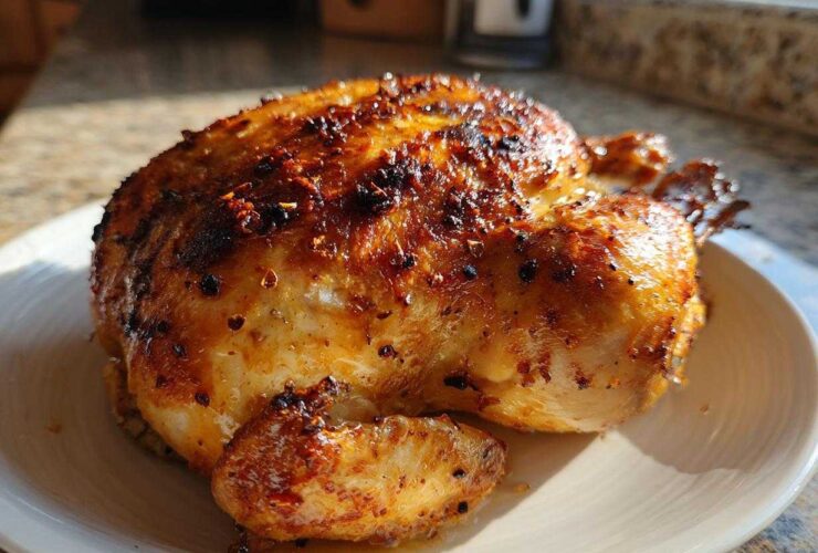 A whole chicken cooked to golden brown perfection in an air fryer, resting on a white plate.