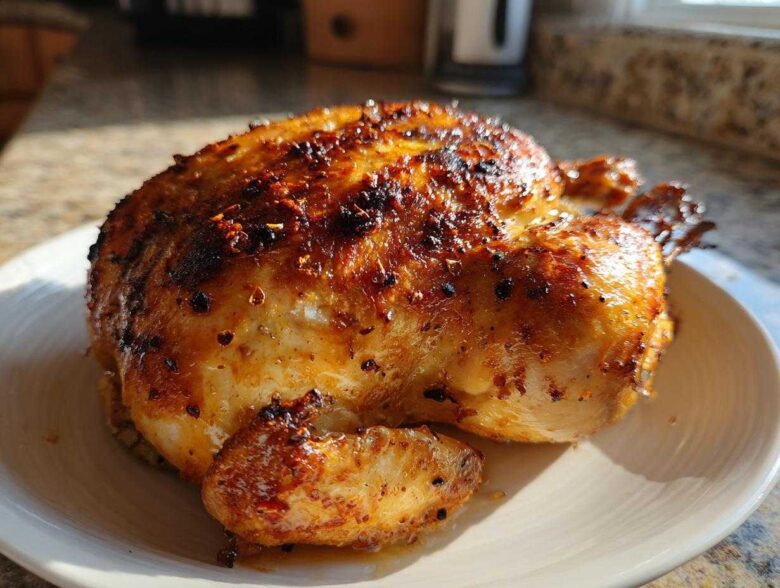 A whole chicken cooked to golden brown perfection in an air fryer, resting on a white plate.