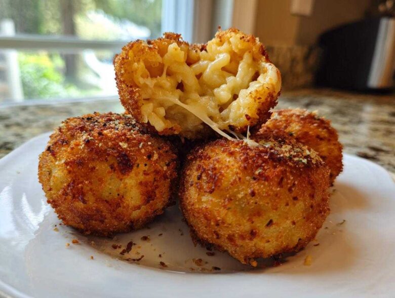 Four golden brown, deep-fried rice balls, one cut open showing melted cheese and macaroni filling.