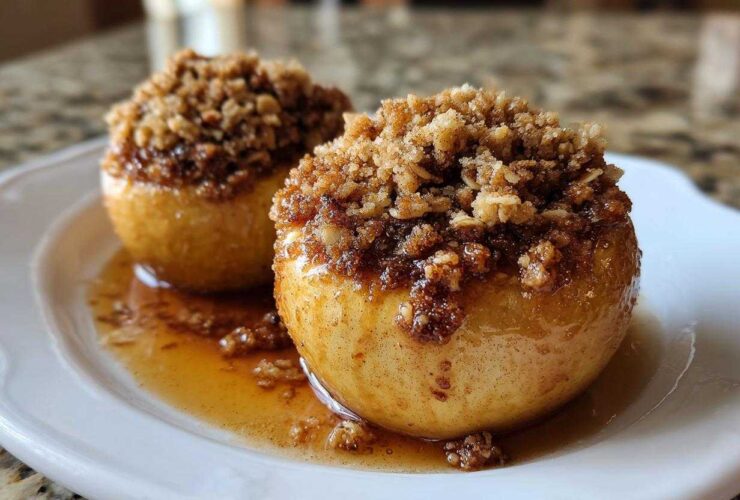 Two glistening baked apples topped with a brown sugar and oat crumble, sitting in sweet syrup on a white plate.