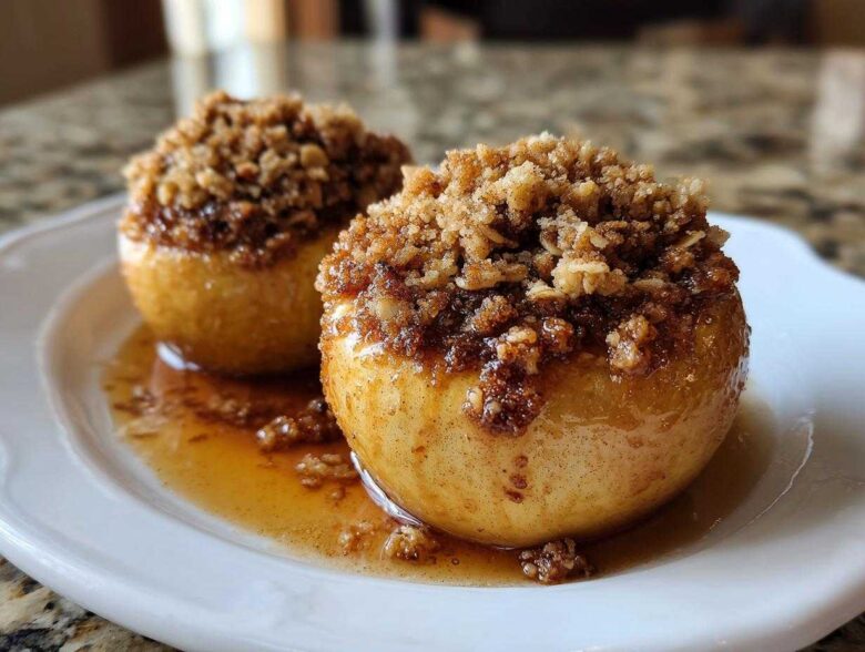 Two glistening baked apples topped with a brown sugar and oat crumble, sitting in sweet syrup on a white plate.