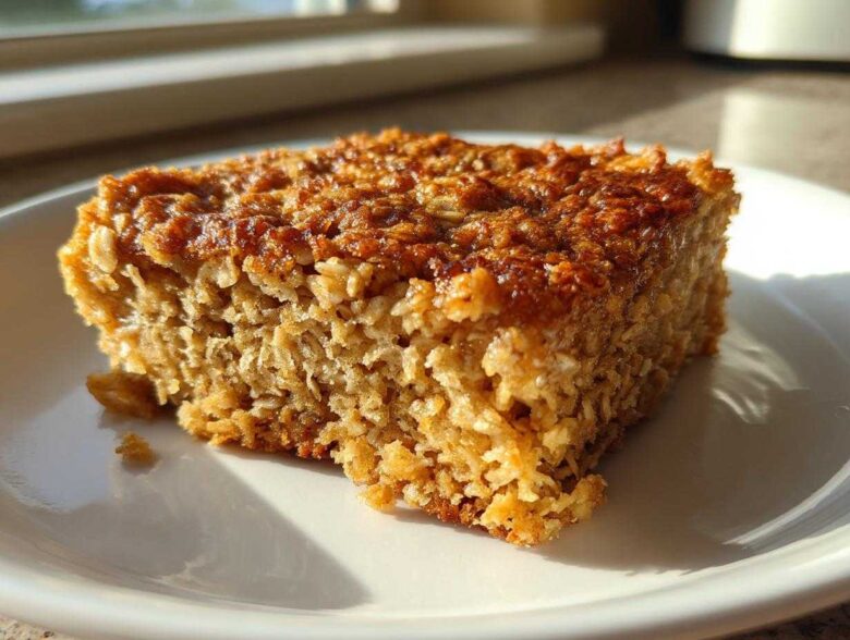 A square slice of golden brown baked oatmeal with a textured, caramelized top, sitting on a white plate.