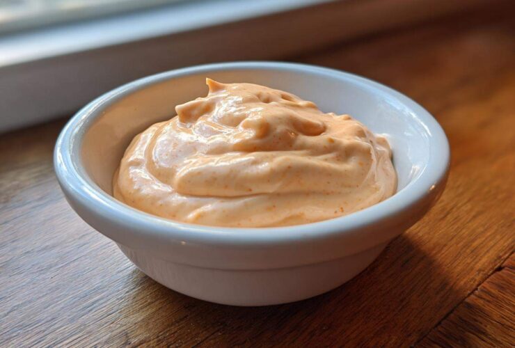 A close-up of creamy, orange-tinted burger sauce served in a small white ramekin on a wooden surface.