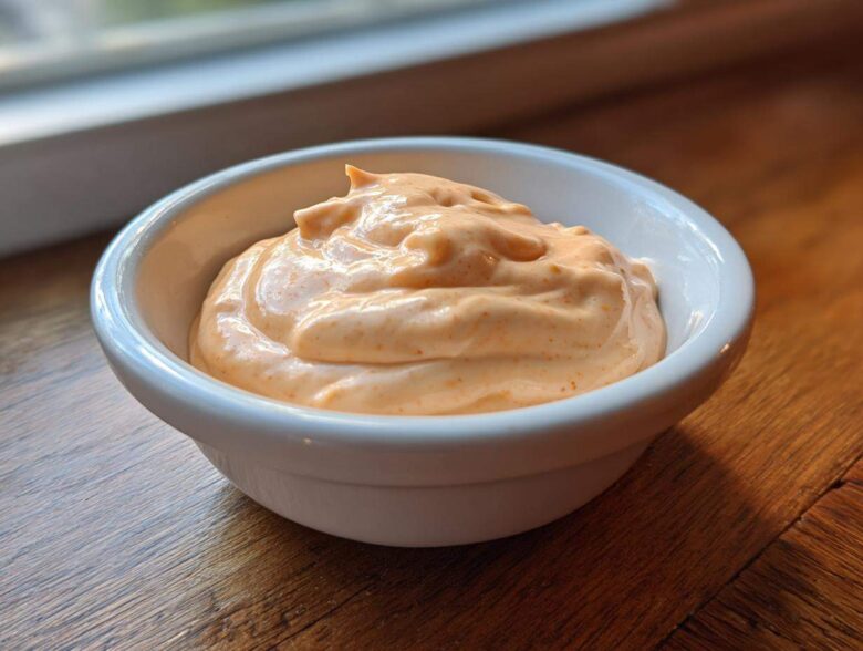 A close-up of creamy, orange-tinted burger sauce served in a small white ramekin on a wooden surface.