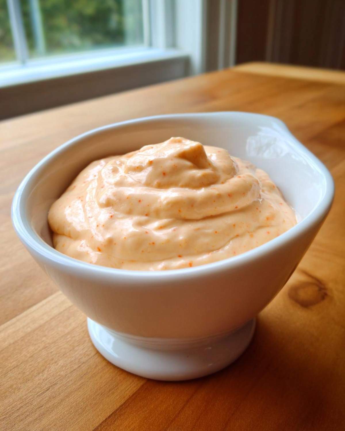 A close-up of creamy, orange-flecked burger sauce served in a small white bowl on a wooden table.