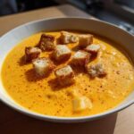 A bright orange bowl of creamy cheese soup topped with golden croutons and a sprinkle of paprika.