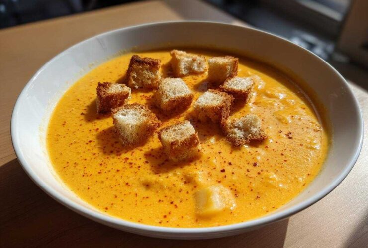 A bright orange bowl of creamy cheese soup topped with golden croutons and a sprinkle of paprika.