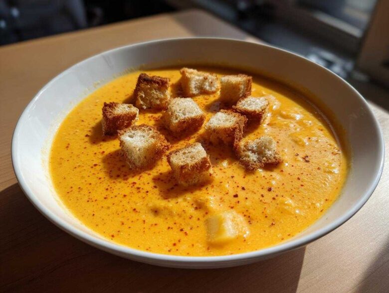 A bright orange bowl of creamy cheese soup topped with golden croutons and a sprinkle of paprika.