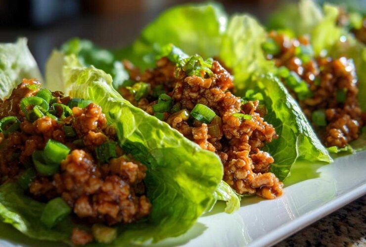 Close-up of several chicken lettuce wraps filled with savory ground chicken and topped with green onions.