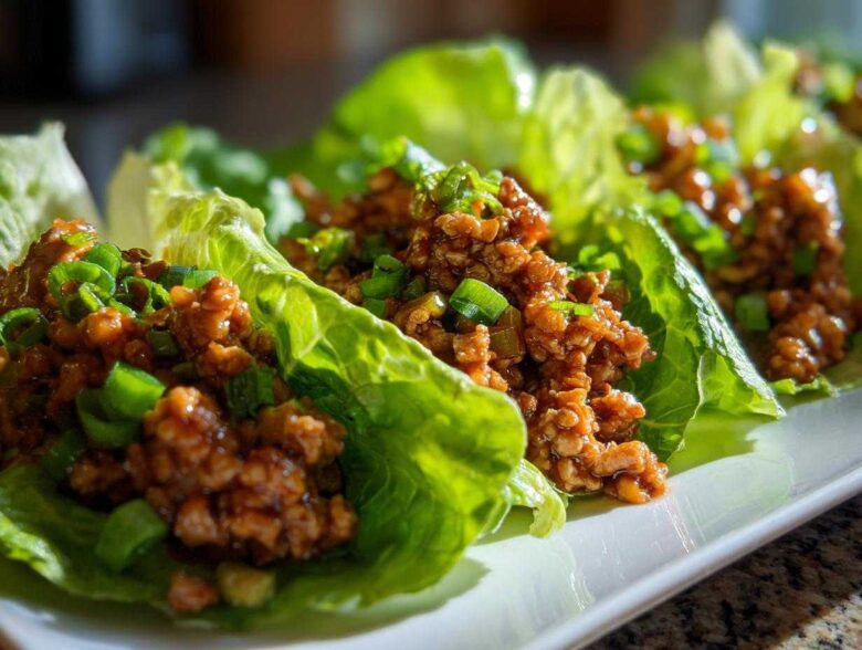 Close-up of several chicken lettuce wraps filled with savory ground chicken and topped with green onions.