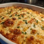 Close-up of baked, cheesy corn dip in a white casserole dish, topped with browned cheese and fresh parsley.