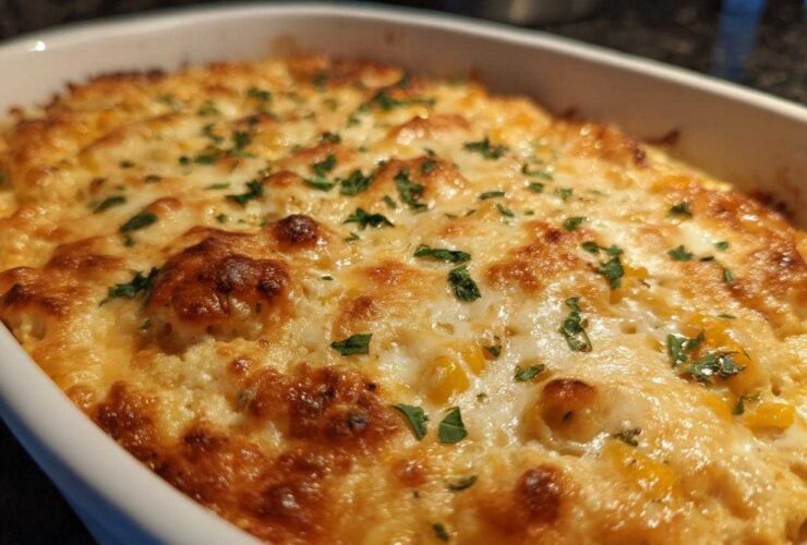 Close-up of baked, cheesy corn dip in a white casserole dish, topped with browned cheese and fresh parsley.