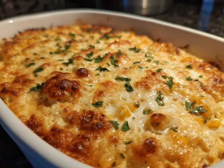 Close-up of baked, cheesy corn dip in a white casserole dish, topped with browned cheese and fresh parsley.