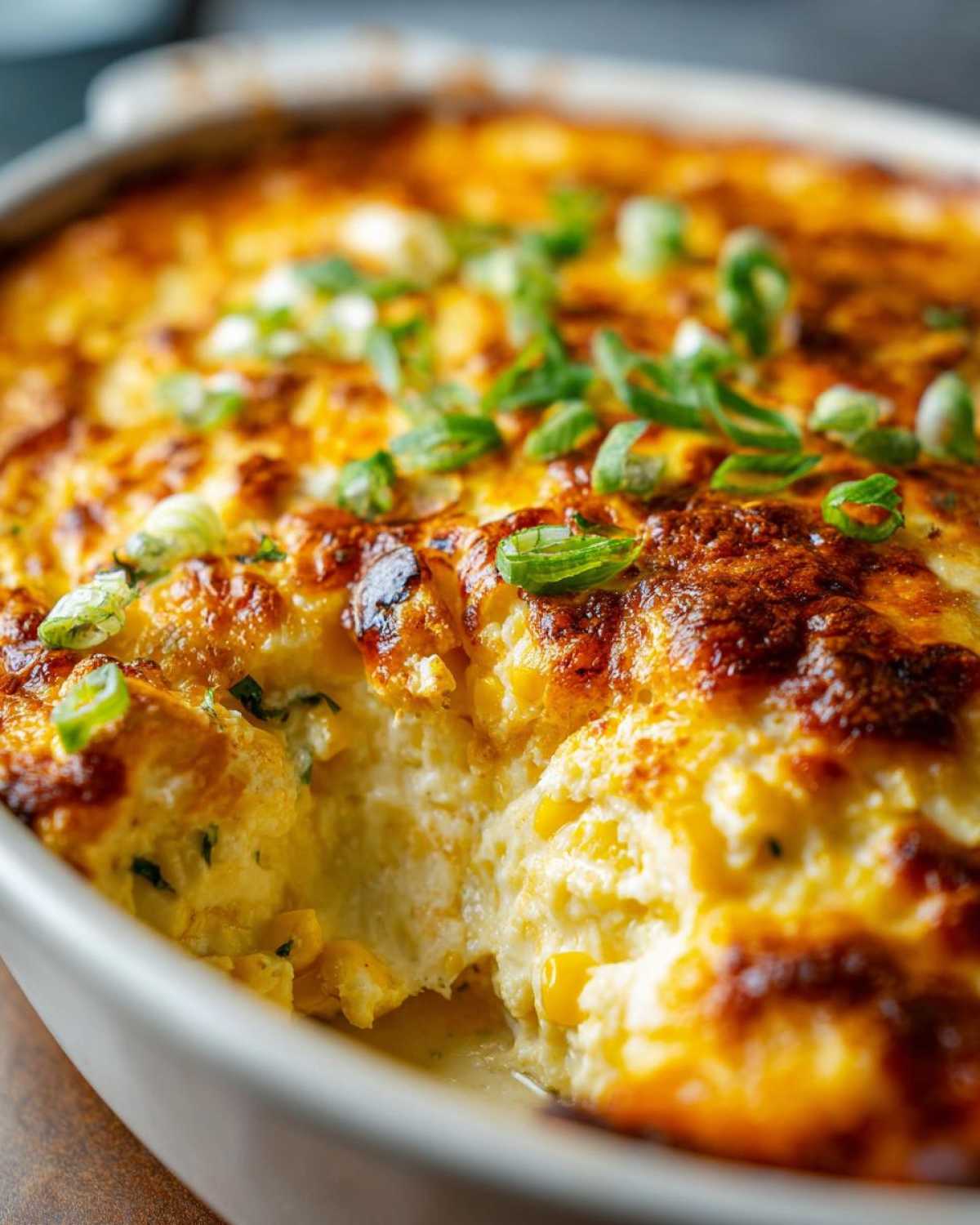 Close-up of a creamy, baked corn dip with a golden-brown, cheesy top garnished with fresh green onions.