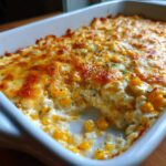 Close-up of a creamy, baked corn dip topped with melted, browned cheese and herbs.