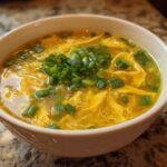 A white bowl filled with bright yellow egg drop soup, garnished generously with fresh chopped green onions.