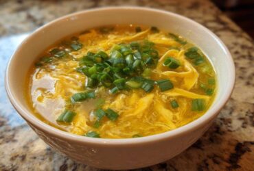 A white bowl filled with bright yellow egg drop soup, garnished generously with fresh chopped green onions.