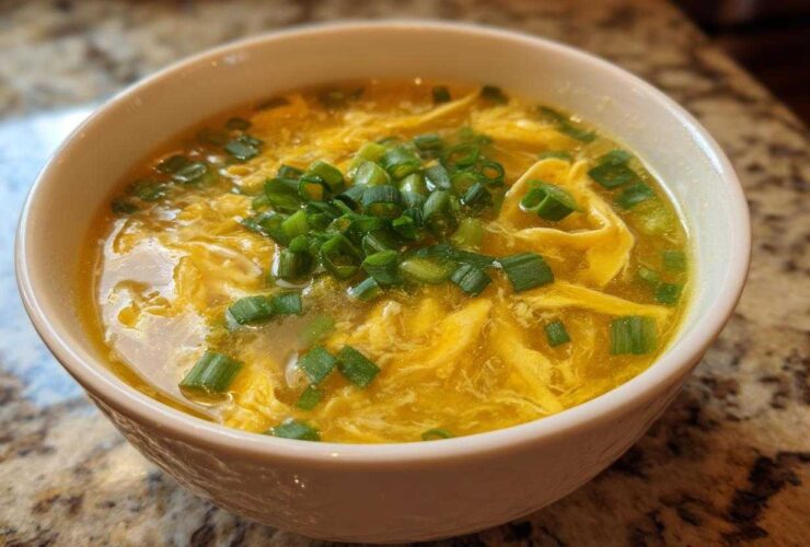 A white bowl filled with bright yellow egg drop soup, garnished generously with fresh chopped green onions.