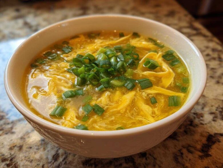 A white bowl filled with bright yellow egg drop soup, garnished generously with fresh chopped green onions.