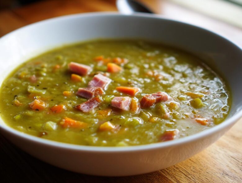 Close-up of a white bowl filled with thick, green pea soup topped with chunks of ham and diced carrots.