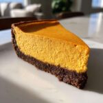 A close-up, sunlit slice of rich orange pumpkin cheesecake on a white plate with a dark chocolate crust.
