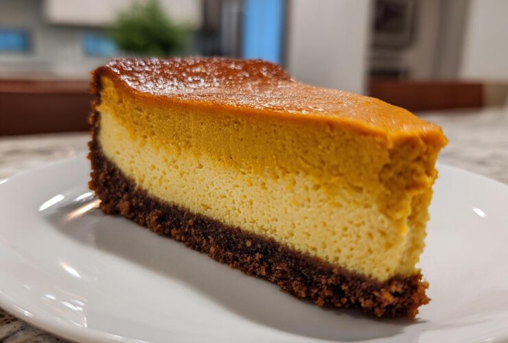 A thick slice of two-toned pumpkin cheesecake with a dark chocolate crust served on a white plate.