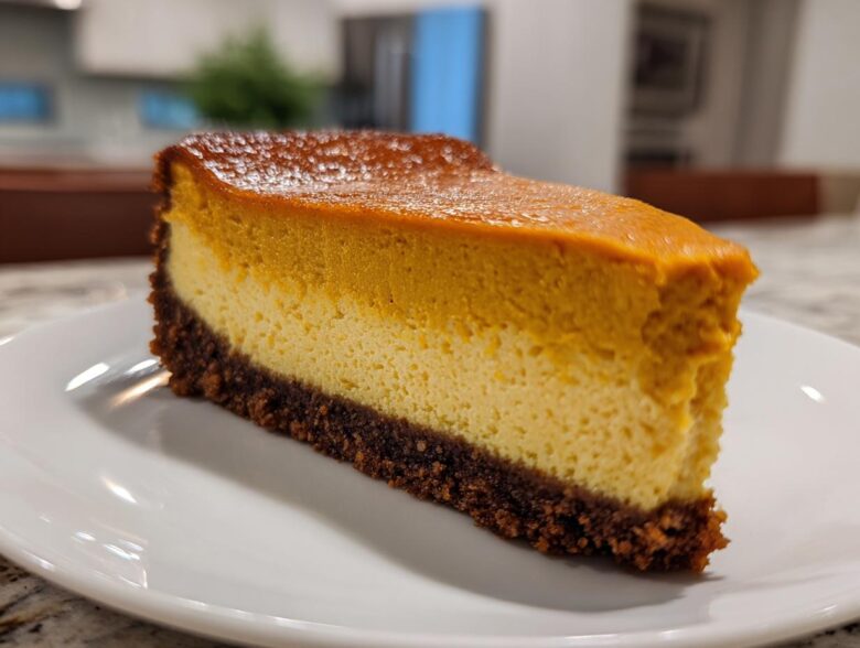 A thick slice of two-toned pumpkin cheesecake with a dark chocolate crust served on a white plate.