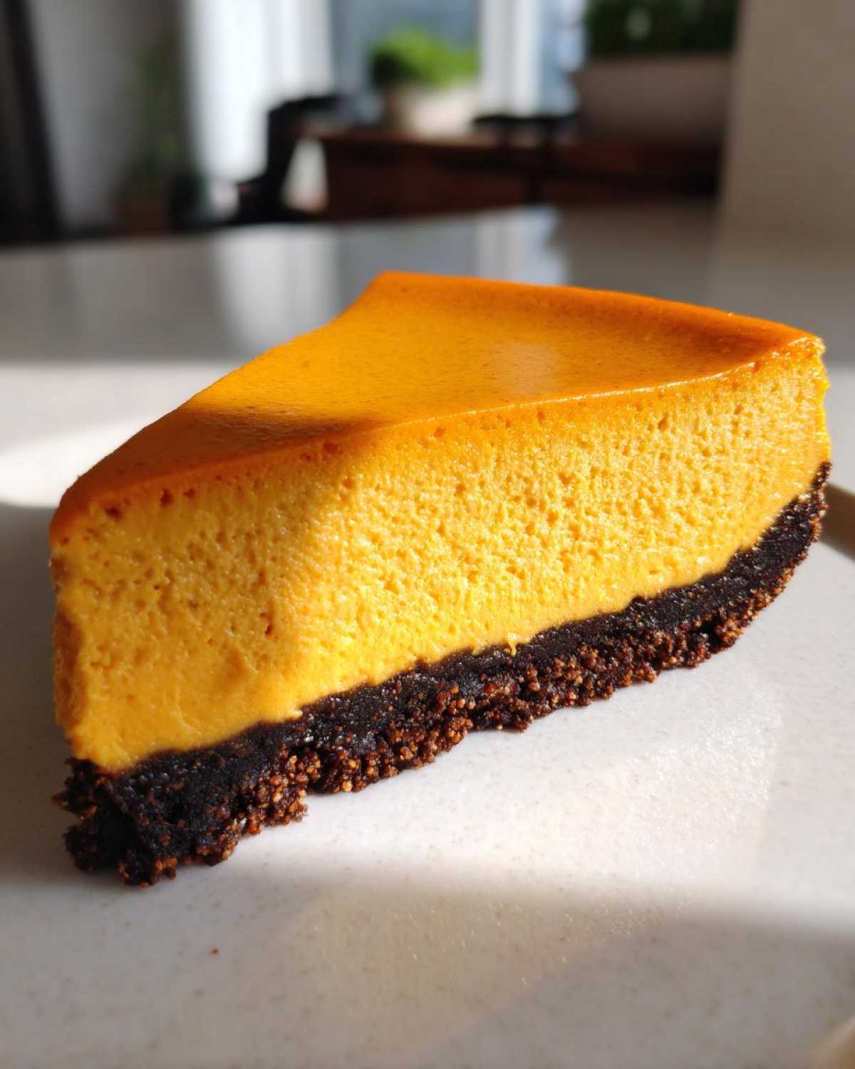 A perfect slice of vibrant orange pumpkin cheesecake resting on a white plate, featuring a dark chocolate crust.