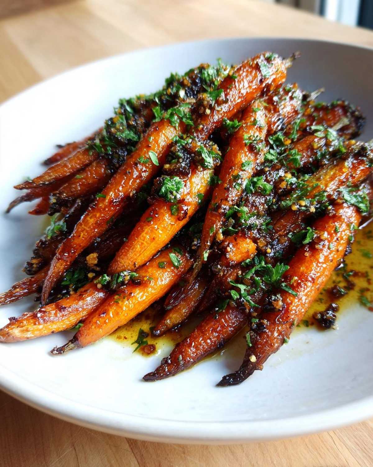 Close-up of perfectly caramelized roasted carrots glazed with spices and topped with fresh parsley.
