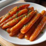 A white plate filled with glossy, glazed roasted carrots topped with fresh chopped parsley.