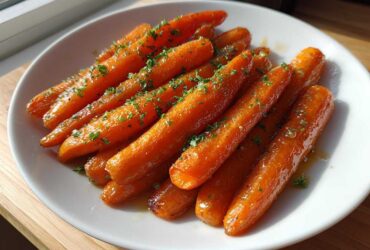 A white plate filled with glossy, glazed roasted carrots topped with fresh chopped parsley.