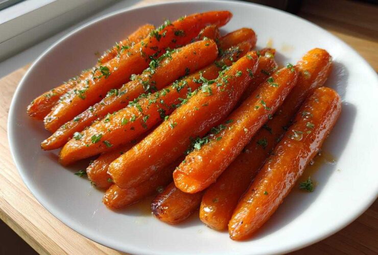 A white plate filled with glossy, glazed roasted carrots topped with fresh chopped parsley.