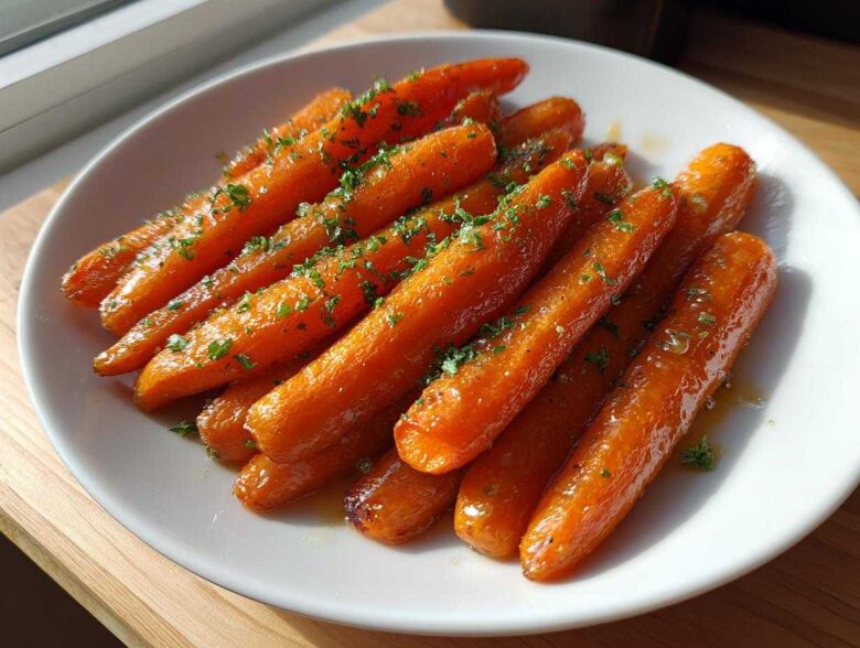 A white plate filled with glossy, glazed roasted carrots topped with fresh chopped parsley.