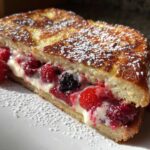 Close-up of a thick slice of stuffed french toast filled with cream and fresh raspberries, dusted with powdered sugar.