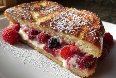 Close-up of a thick slice of stuffed french toast filled with cream and fresh raspberries, dusted with powdered sugar.