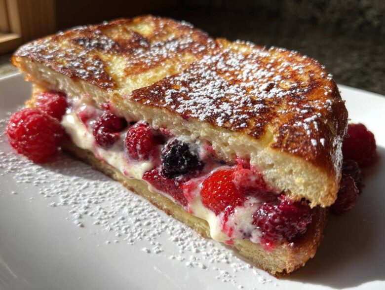 Close-up of a thick slice of stuffed french toast filled with cream and fresh raspberries, dusted with powdered sugar.