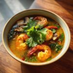 Close-up of a steaming bowl of bright orange tom yum soup filled with large shrimp, mushrooms, and fresh cilantro garnish.