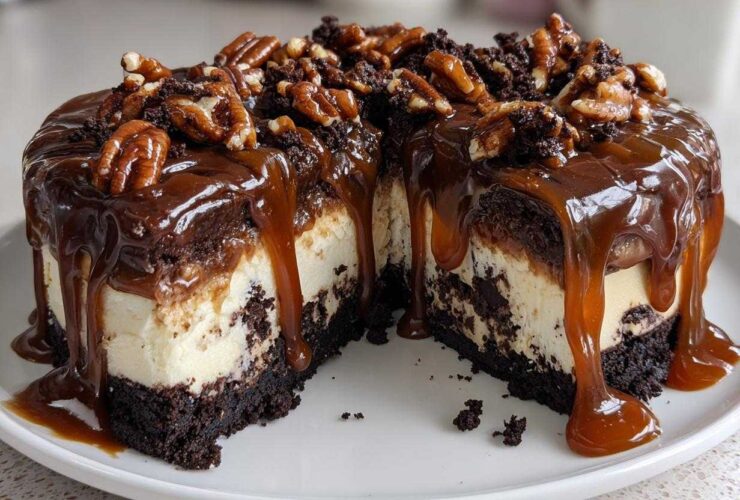 A cross-section view of a rich turtle cheesecake topped with thick chocolate ganache, dripping caramel sauce, and whole pecans.