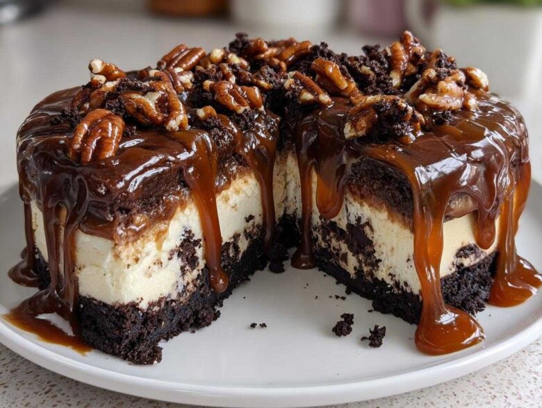 A cross-section view of a rich turtle cheesecake topped with thick chocolate ganache, dripping caramel sauce, and whole pecans.